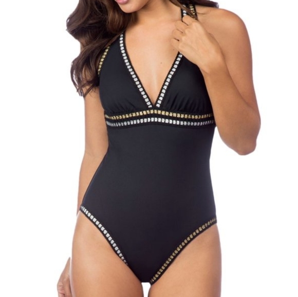La Blanca Other - La Blanca Metallic Halter Threading Along Mio One Piece Swimsuit